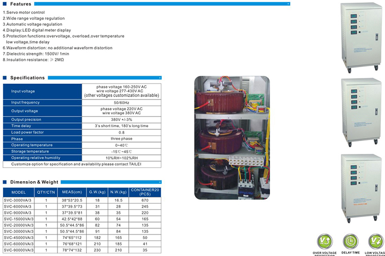 THREE PHASE FULL-AUTOMATIC AC VOLTAGE REGULATOR(LCD LED METER DISPLAY) SVC THREE PHASE VERTICAL TYPE SERVO MOTOR TYPE WITHLVD DISPLAY